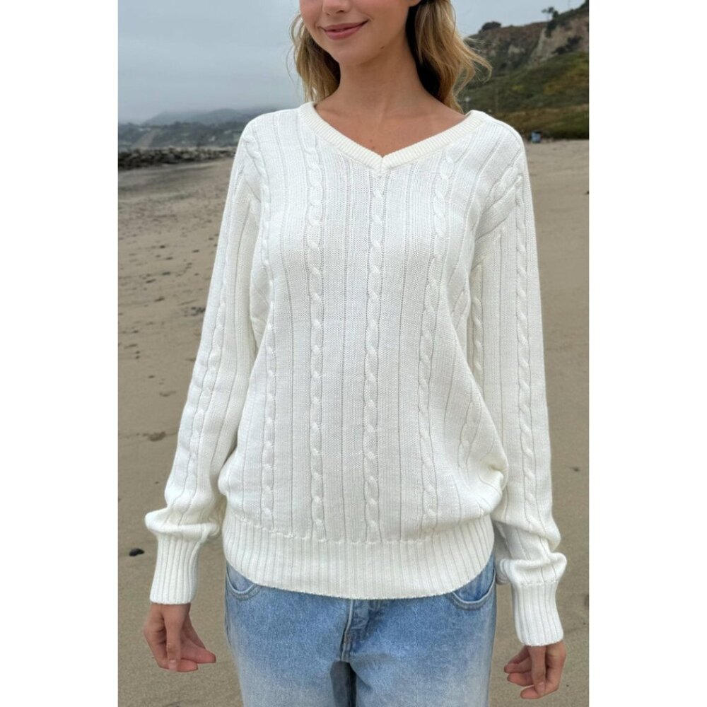 Brandy Melville Ida Cotton Blend Cable Knit Ivory V-Neck Oversized Sweater - Picture 2 of 7